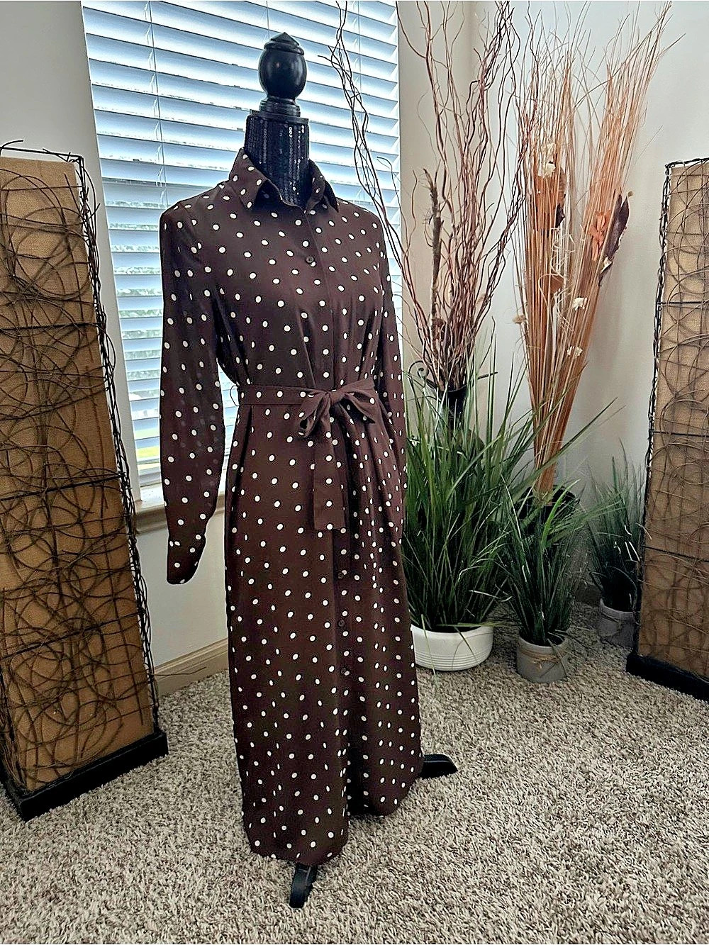 Polka Dot Maxi Dress in Brown & White Like New